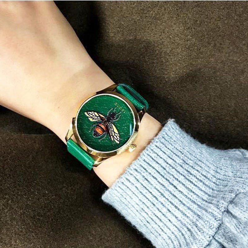  Shop Authentic Gucci G Timeless Bee Green Dial Green Leather Strap Watch For Women - YA1264065 - Luxxuri