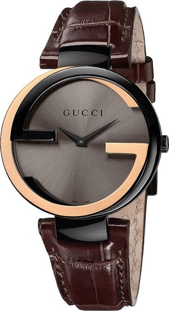  Shop Authentic Gucci Interlocking G 18K Gold Black Dial Brown Leather Strap Watch For Women - YA133304 - Luxxuri