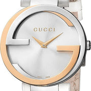 Shop Authentic Gucci Interlocking 18K Gold Silver Dial White Leather Strap Watch For Women - YA133303 - Luxxuri