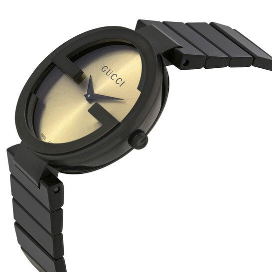  Shop Authentic Gucci Interlocking G Quartz Gold Dial Black Steel Strap Watch For Women - YA133314 - Luxxuri