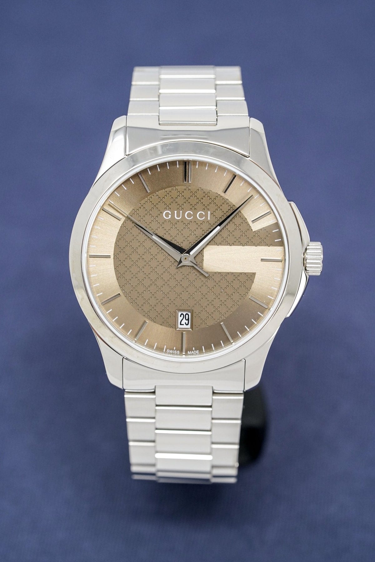  Shop Authentic Gucci G Timeless Brown Dial Silver Steel Strap Watch For Men - YA126445 - Luxxuri