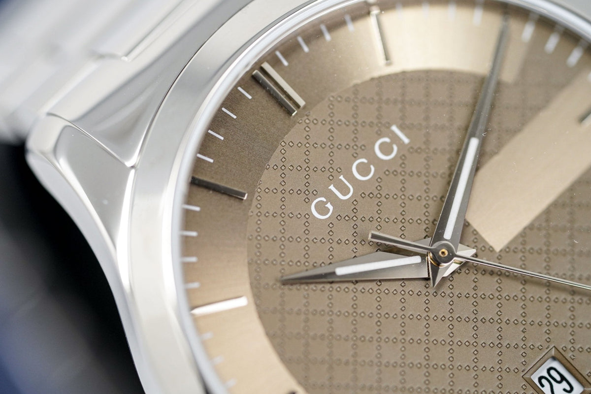  Shop Authentic Gucci G Timeless Brown Dial Silver Steel Strap Watch For Men - YA126445 - Luxxuri