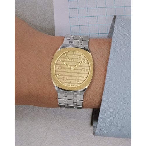 Shop Authentic Gucci 25H Quartz Gold Dial Silver Steel Strap Watch for Men - YA163405 - Luxxuri