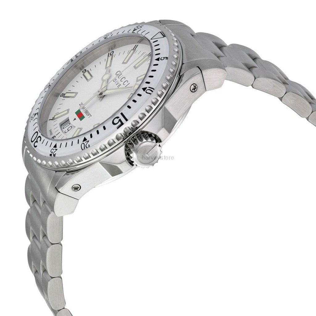  Shop Authentic Gucci Dive Quartz White Dial Silver Steel Strap Watch for Men - YA136302 - Luxxuri