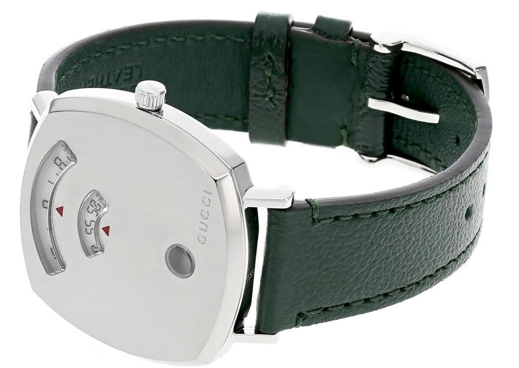  Shop Authentic Gucci Grip Quartz Silver Dial Green Leather Strap Unisex Watch - YA157406 - Luxxuri