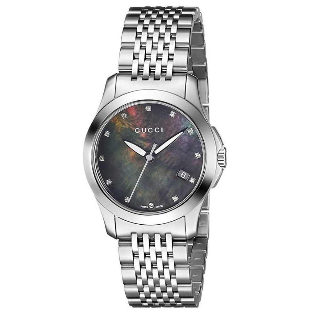  Shop Authentic Gucci G Timeless Diamonds Mother of Pearl Black Dial Silver Steel Strap Watch For Women - YA126505 - Luxxuri