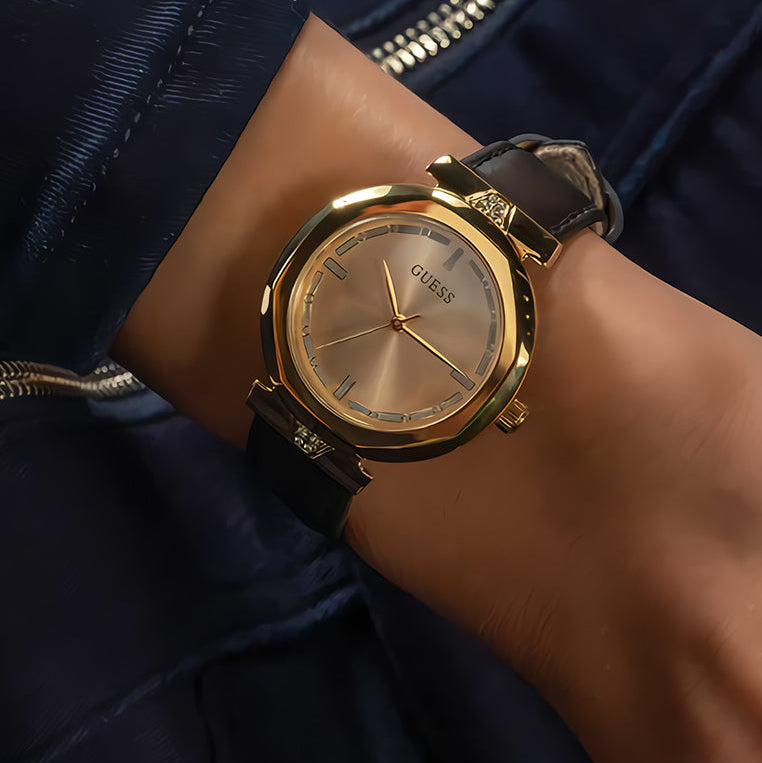  Shop Authentic Guess Rumour Quartz Gold Dial Black Leather Strap Watch For Women - GW0689L2 - Luxxuri