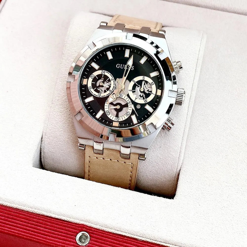  Shop Authentic Guess Continental Multifunction Black Dial Brown Leather Strap Watch for Men - GW0262G1 - Luxxuri