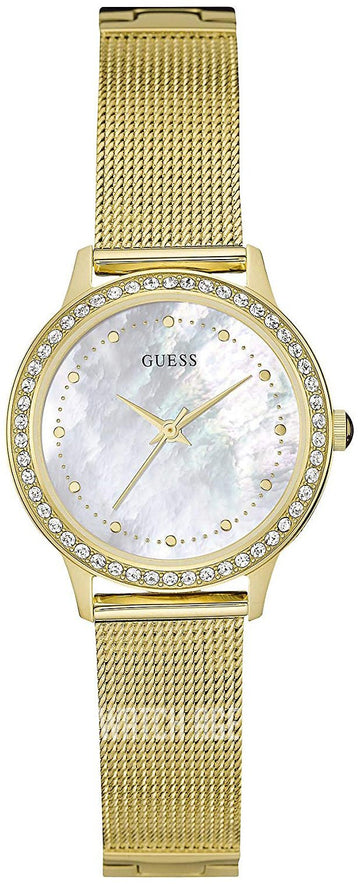  Shop Authentic Guess Chelsea Mother of Pearl White Dial Gold Mesh Strap Watch For Women - W0647L3 - Luxxuri