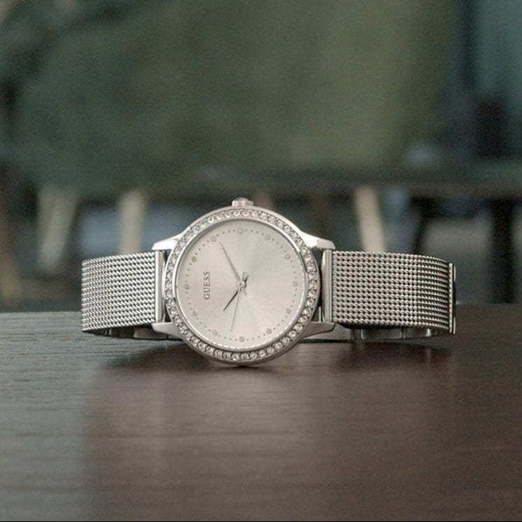  Shop Authentic Guess Chelsea Quartz Silver Dial Silver Mesh Strap Watch For Women - W0647L6 - Luxxuri