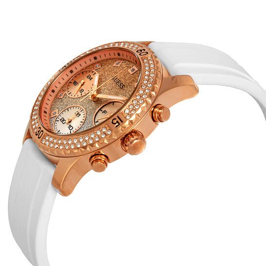  Shop Authentic Guess Confetti Crystal Rose Gold Dial White Silicone Strap Watch For Women - W1098L5 - Luxxuri