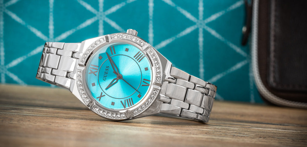  Shop Authentic Guess Cosmo Diamonds Turquoise Dial Silver Steel Strap Watch for Women - GW0033L7 - Luxxuri