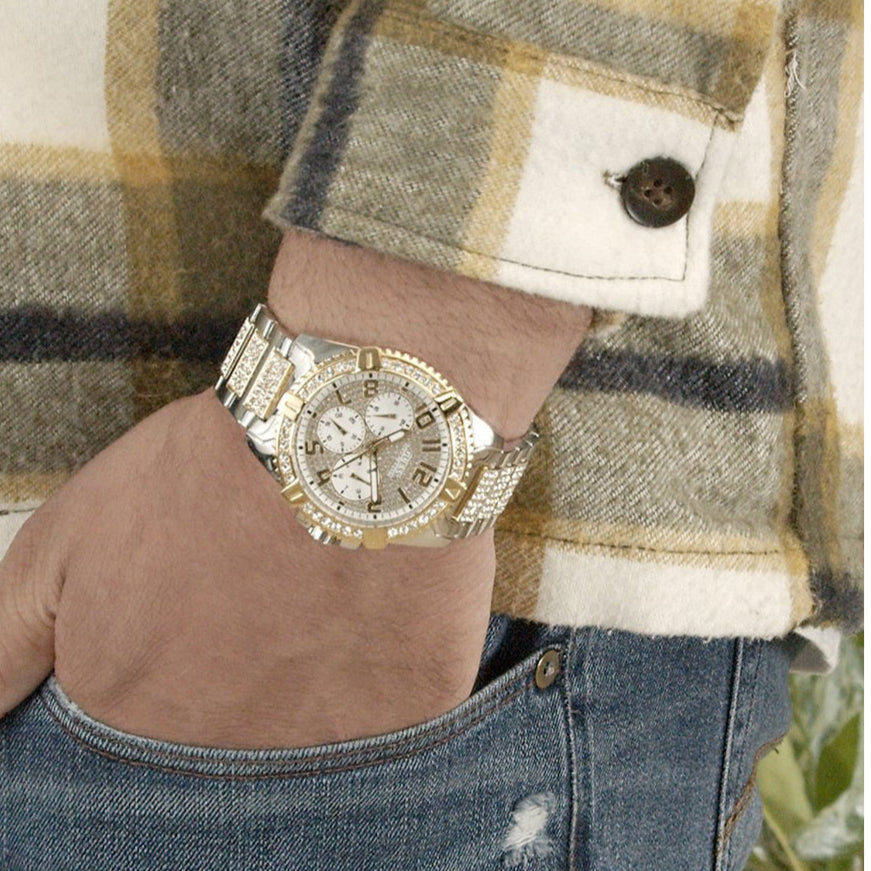  Shop Authentic Guess Frontier Chronograph Crystals Silver Dial Two Tone Steel Strap Watch for Men - W0799G4 - Luxxuri