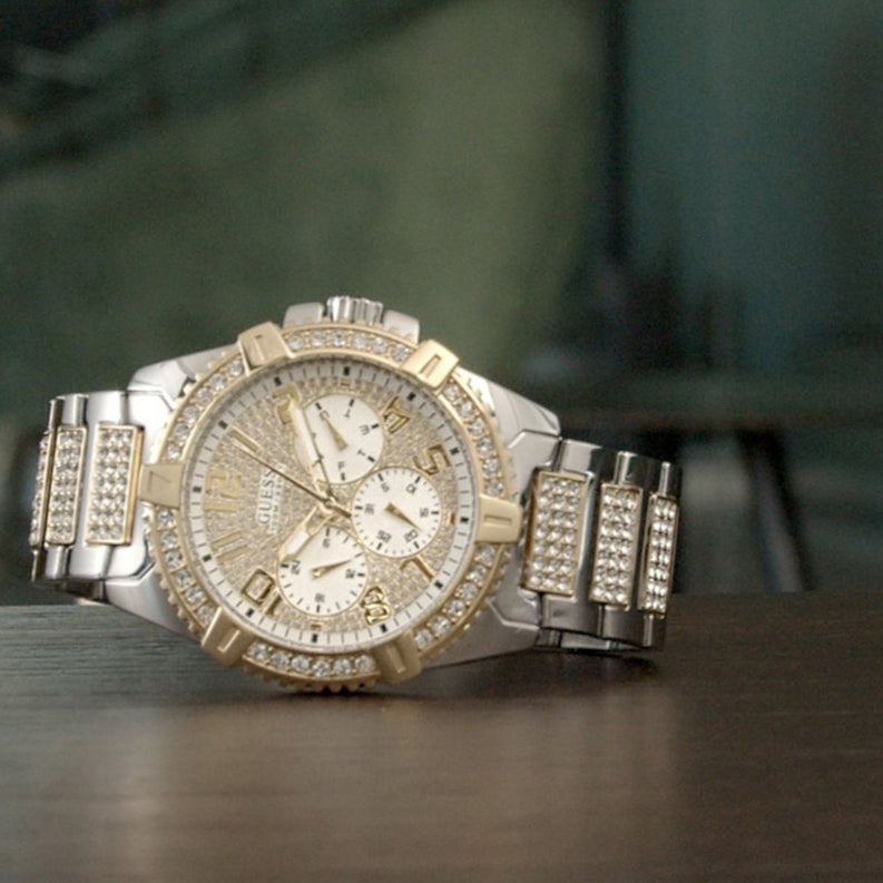  Shop Authentic Guess Frontier Chronograph Crystals Silver Dial Two Tone Steel Strap Watch for Men - W0799G4 - Luxxuri
