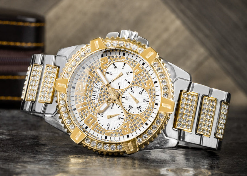  Shop Authentic Guess Frontier Chronograph Crystals Silver Dial Two Tone Steel Strap Watch for Men - W0799G4 - Luxxuri