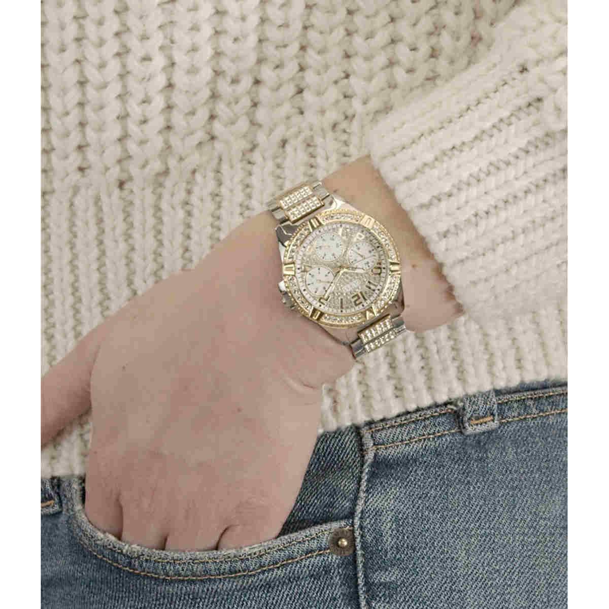  Shop Authentic Guess Frontier Chronograph Crystals Gold Dial Two Tone Steel Strap Watch For Women - W1156L5 - Luxxuri