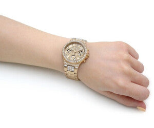  Shop Authentic Guess Moonlight Multi Function Diamonds Gold Dial Gold Steel Strap Watch for Women - GW0320L2 - Luxxuri