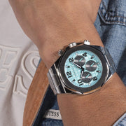  Shop Authentic Guess Empire Chronograph Quartz Sky Blue Dial Silver Steel Strap Watch For Men - GW0489G3 - Luxxuri