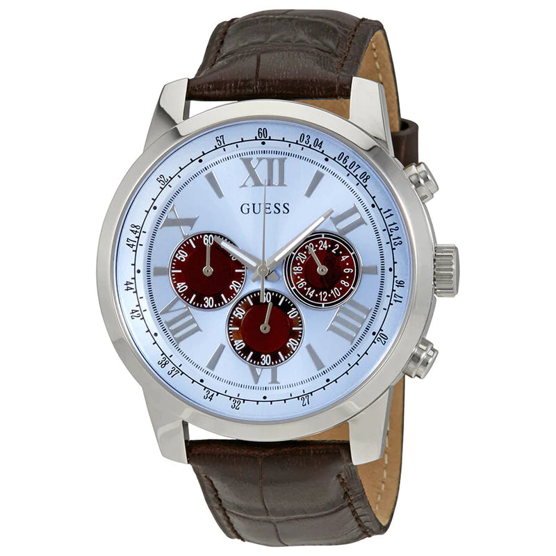  Shop Authentic Guess Horizon Chronograph Analog Blue Dial Brown Leather Strap Watch For Men - W0380G6 - Luxxuri
