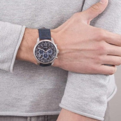  Shop Authentic Guess Horizon Chronograph Quartz Black Dial Blue Leather Strap Watch For Men - W0380G3 - Luxxuri
