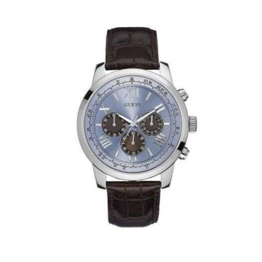  Shop Authentic Guess Horizon Chronograph Analog Blue Dial Brown Leather Strap Watch For Men - W0380G6 - Luxxuri