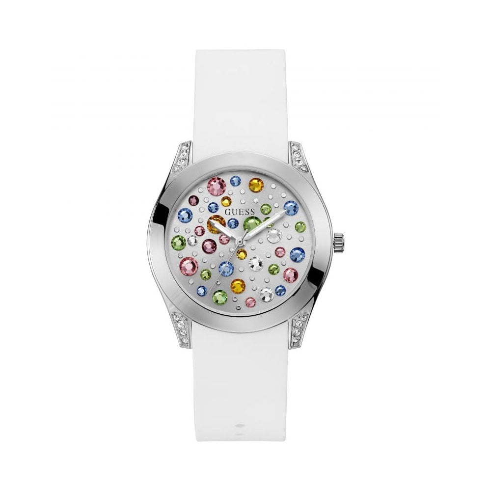  Shop Authentic Guess Wanderlust Crystals Silver Dial White Rubber Strap Watch For Women - W1059L3 - Luxxuri