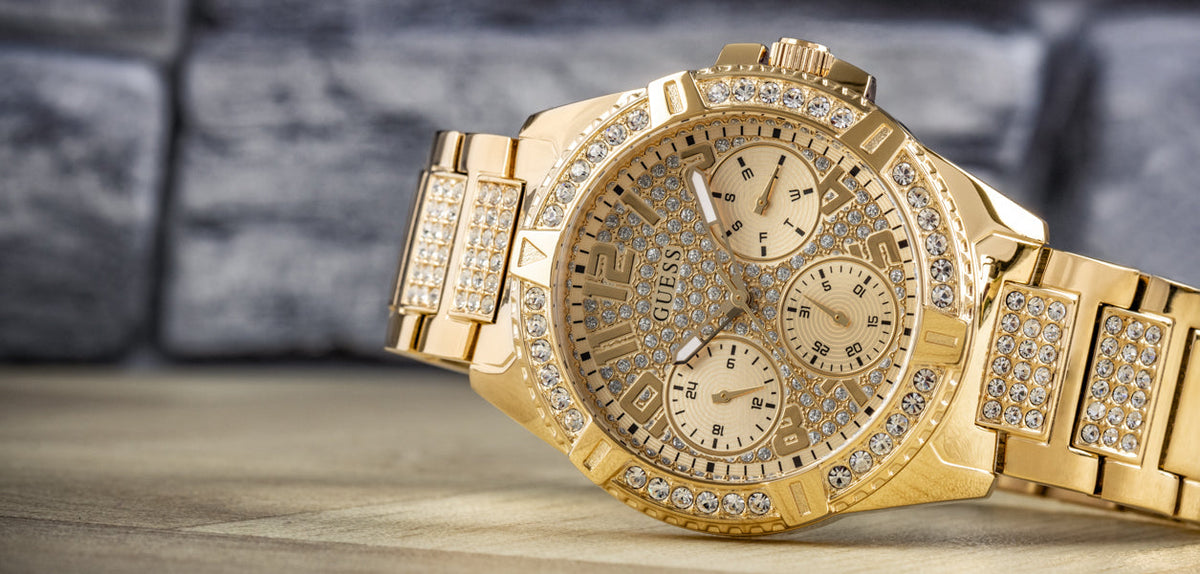  Shop Authentic Guess Frontier Diamonds Gold Dial Gold Steel Strap Watch For Women - W1156L2 - Luxxuri