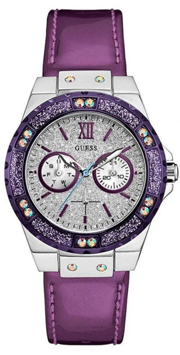  Shop Authentic Guess Limelight Quartz Silver Dial Purple Leather Strap Watch For Women - W0775L6 - Luxxuri