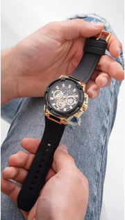  Shop Authentic Guess Matrix Multifunction Gold Dial Black Rubber Strap Watch For Men - GW0423G2 - Luxxuri
