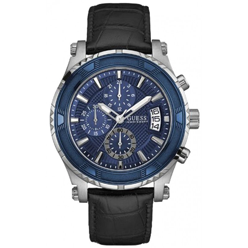  Shop Authentic Guess Pinnacle Chronograph Quartz Blue Dial Black Leather Strap Watch For Men - W0673G4 - Luxxuri