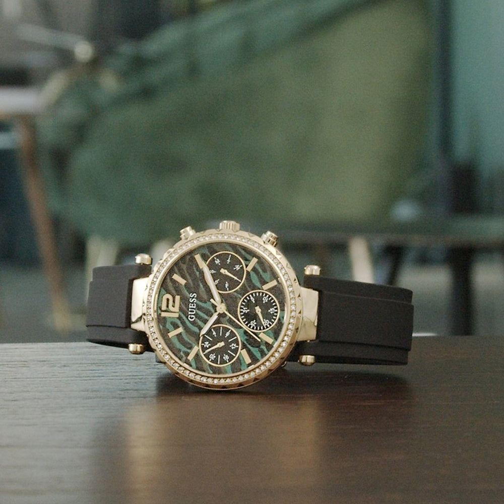  Shop Authentic Guess Solstice Green Dial Black Rubber Strap Watch for Women - GW0113L1 - Luxxuri