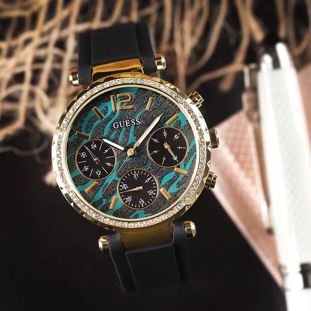  Shop Authentic Guess Solstice Green Dial Black Rubber Strap Watch for Women - GW0113L1 - Luxxuri