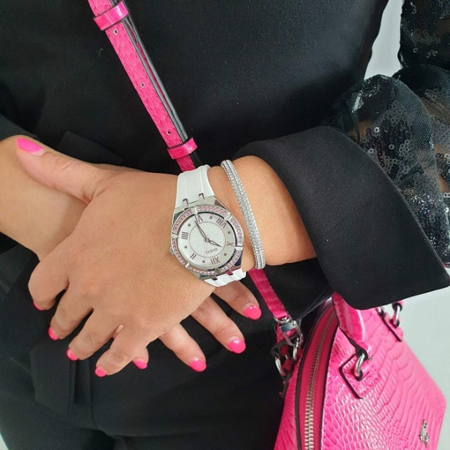  Shop Authentic Guess Sparkling Silver Dial White Rubber Strap Watch For Women - GW0032L1 - Luxxuri