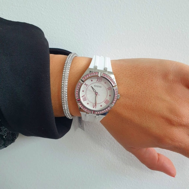  Shop Authentic Guess Sparkling Silver Dial White Rubber Strap Watch For Women - GW0032L1 - Luxxuri