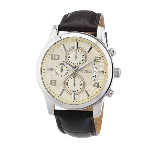  Shop Authentic Guess Exec Chronograph White Dial Brown Leather Strap Watch For Men - W0076G2 - Luxxuri