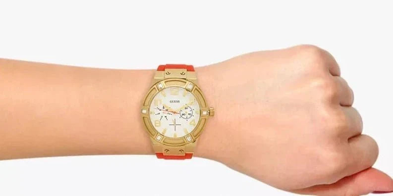  Shop Authentic Guess Jet Setter Golden Dial Orange Rubber Watch For Women - W0564L2 - Luxxuri