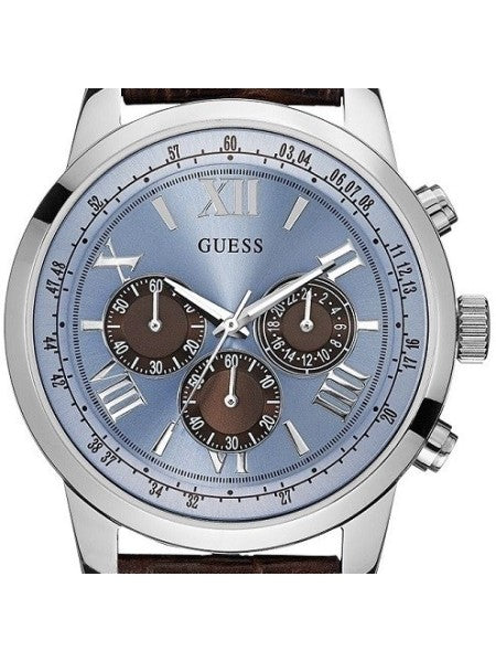  Shop Authentic Guess Horizon Chronograph Analog Blue Dial Brown Leather Strap Watch For Men - W0380G6 - Luxxuri