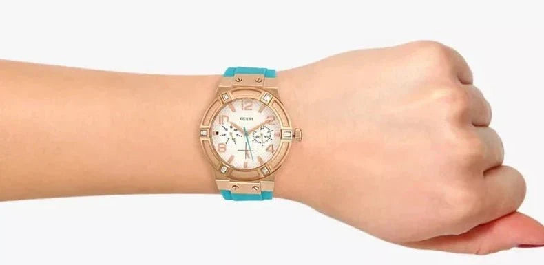  Shop Authentic Guess Jet Setter White Dial Turquoise Silicone Strap Watch For Women - W0564L3 - Luxxuri
