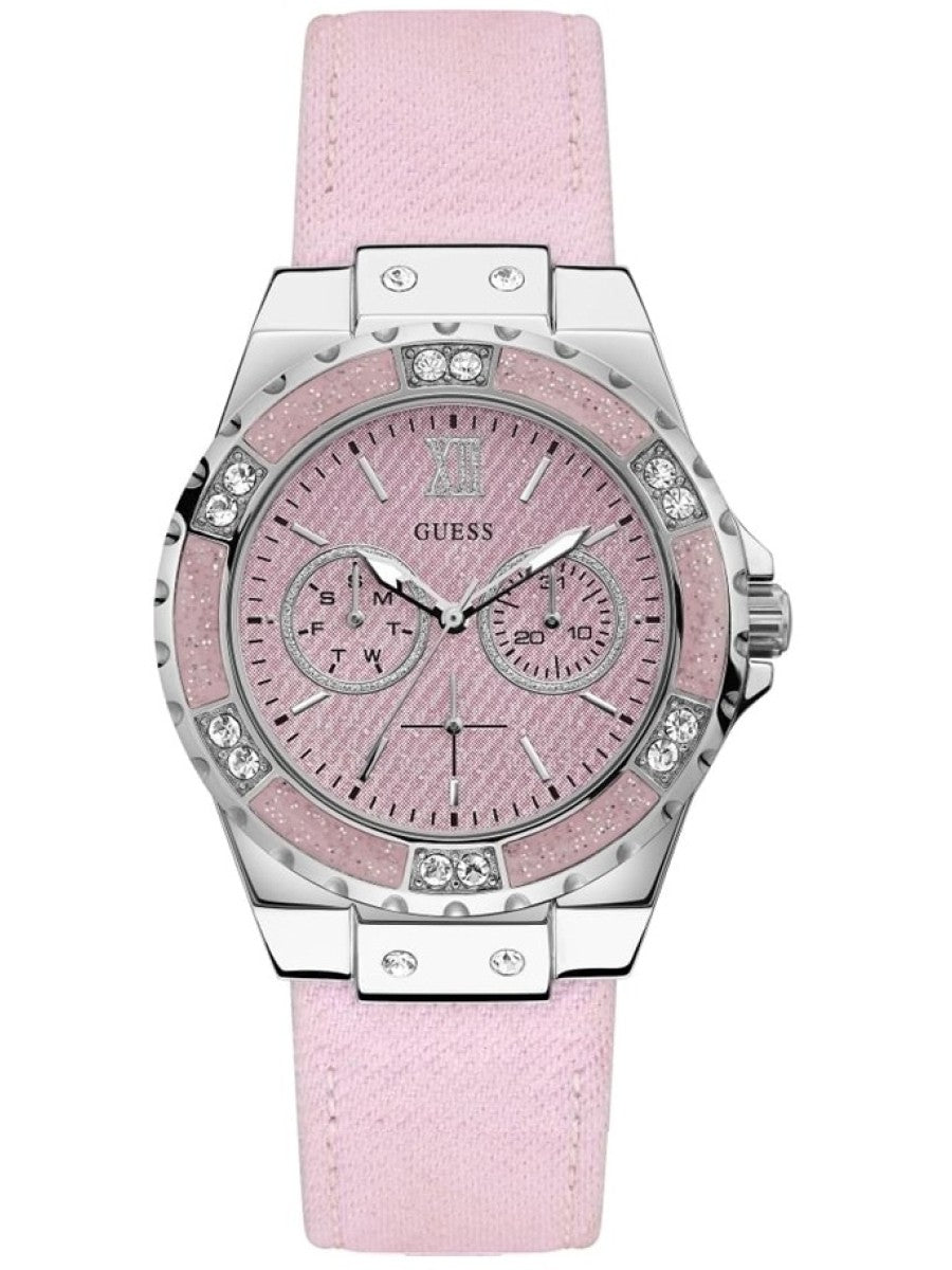  Shop Authentic Guess Limelight Quartz Diamonds Pink Dial Pink Denim Strap Watch For Women - W0775l15 - Luxxuri