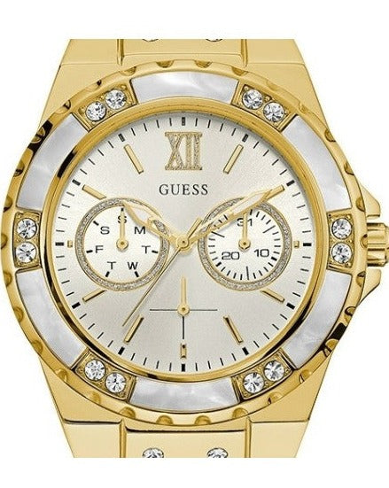  Shop Authentic Guess Limelight Quartz Silver Dial Golden Leather Strap Watch For Women - W0775L2 - Luxxuri