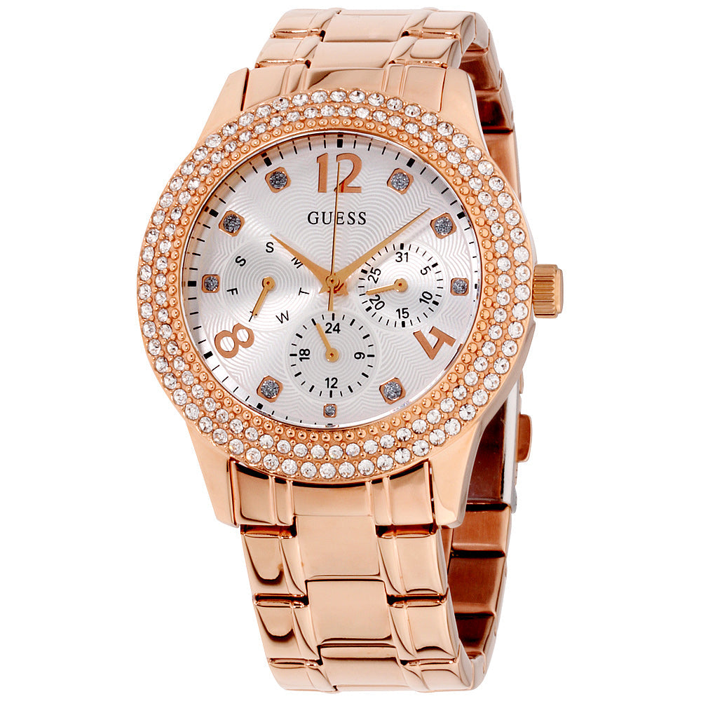  Shop Authentic Guess Bedazzle Diamonds Silver Dial Rose Gold Steel Strap Watch For Women - W1097L3 - Luxxuri