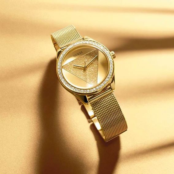  Shop Authentic Guess Tri Glitz Quartz Diamonds Gold Dial Gold Mesh Bracelet Watch For Women - W1142L2 - Luxxuri