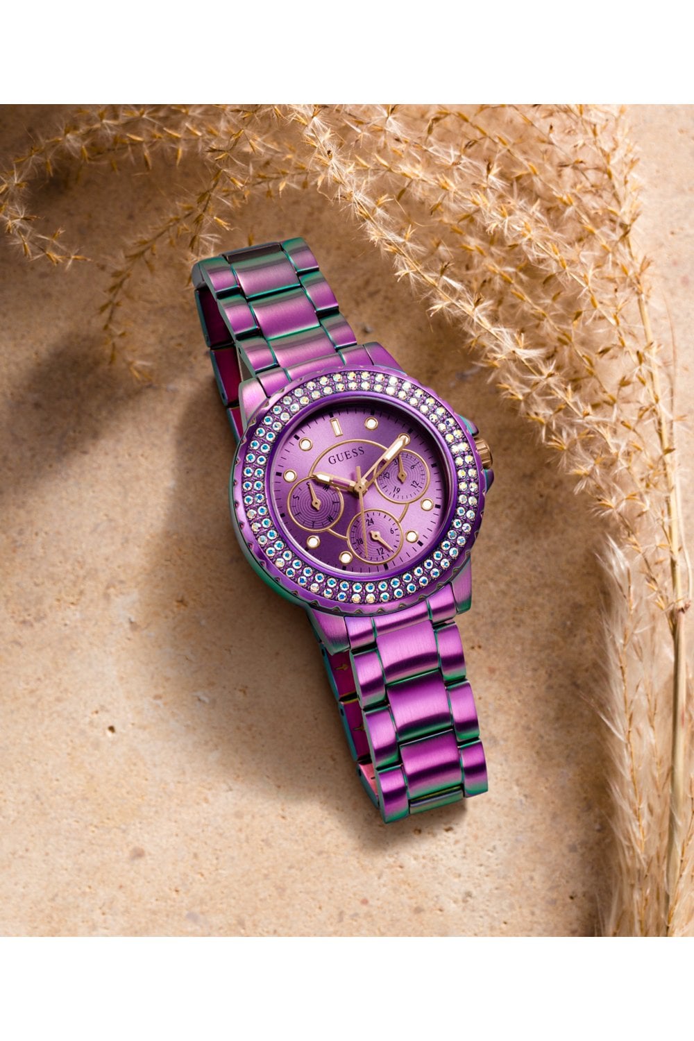  Shop Authentic Guess Crown Jewel Diamonds Purple Dial Purple Steel Strap Watch for Women - GW0410L4 - Luxxuri