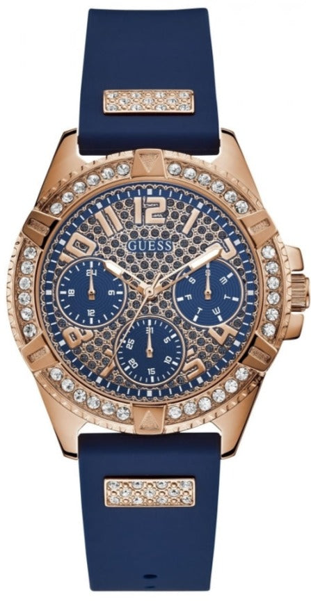  Shop Authentic Guess Frontier DIamonds Gold Dial Blue Rubber Strap Watch For Women - W1160L3 - Luxxuri