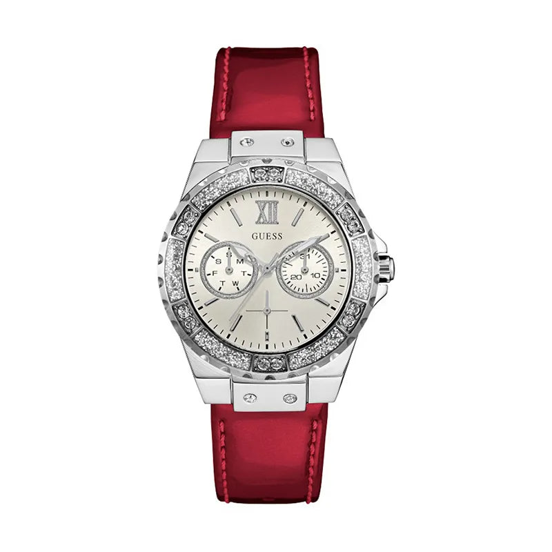  Shop Authentic Guess Limelight Quartz Diamonds White Dial Red Leather Strap Watch For Women - W0775L11 - Luxxuri