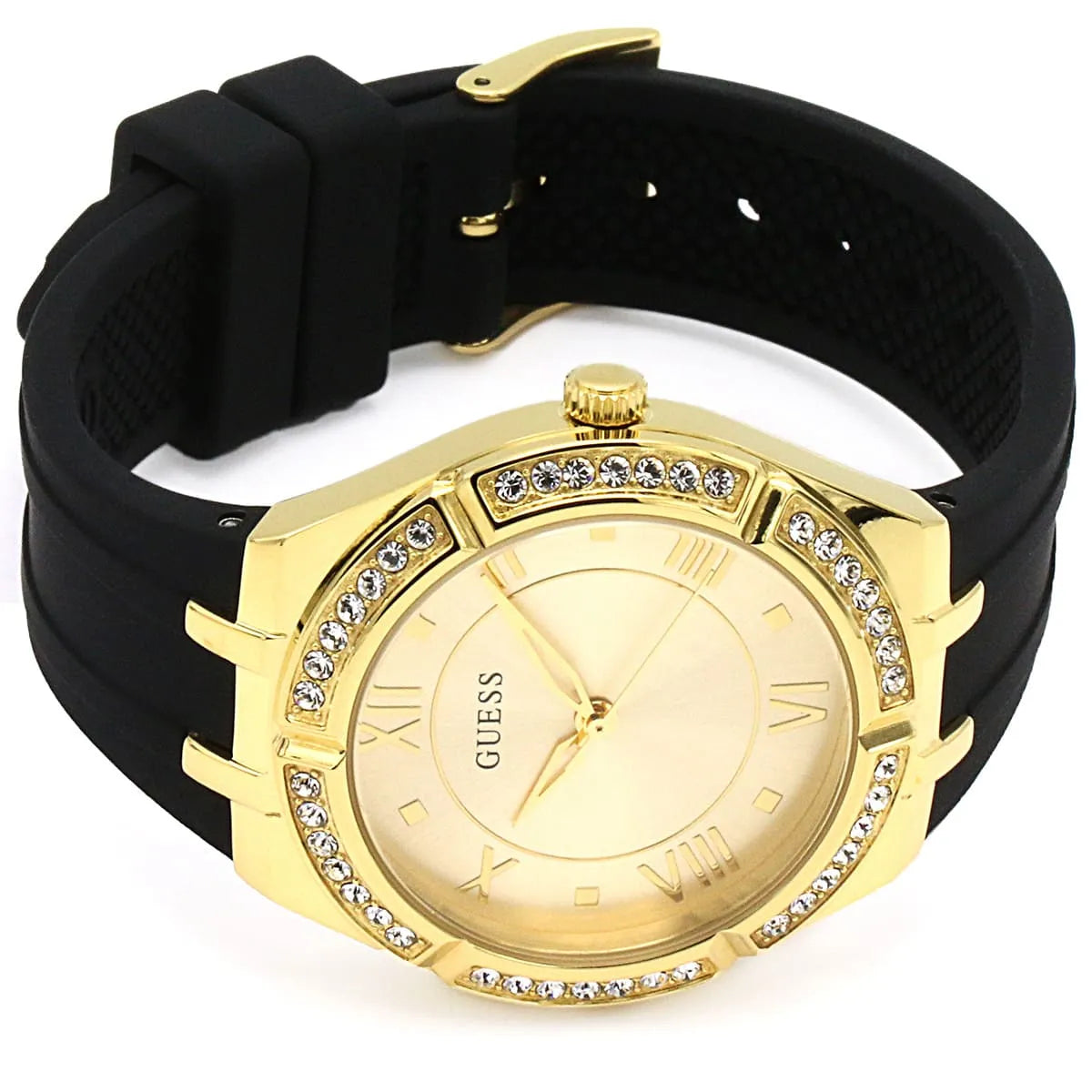  Shop Authentic Guess Cosmo Diamonds Gold Dial Black Rubber Strap Watch for Women - GW0034L1 - Luxxuri