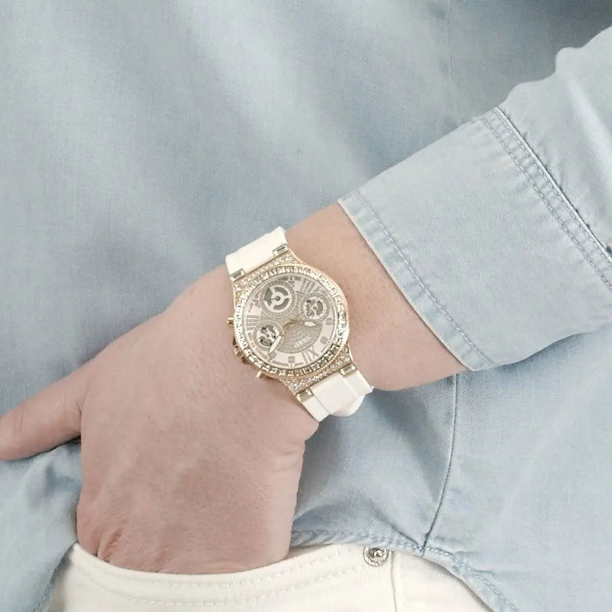  Shop Authentic Guess Moonlight Diamonds White Dial White Rubber Strap Watch for Women - GW0257L2 - Luxxuri