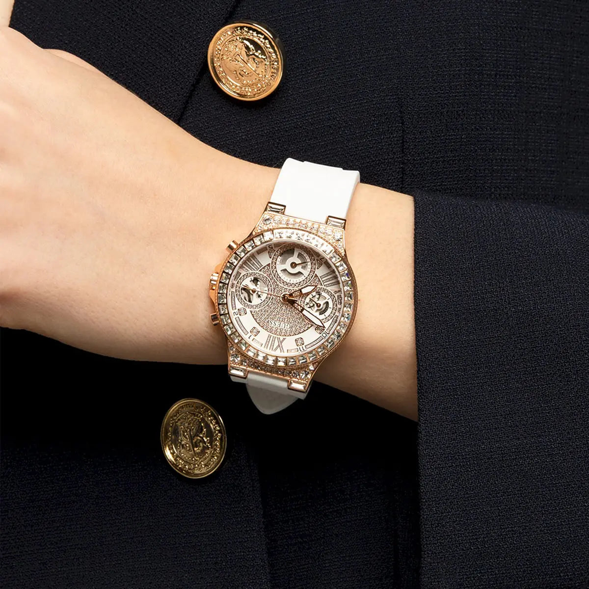  Shop Authentic Guess Moonlight Diamonds White Dial White Rubber Strap Watch for Women - GW0257L2 - Luxxuri