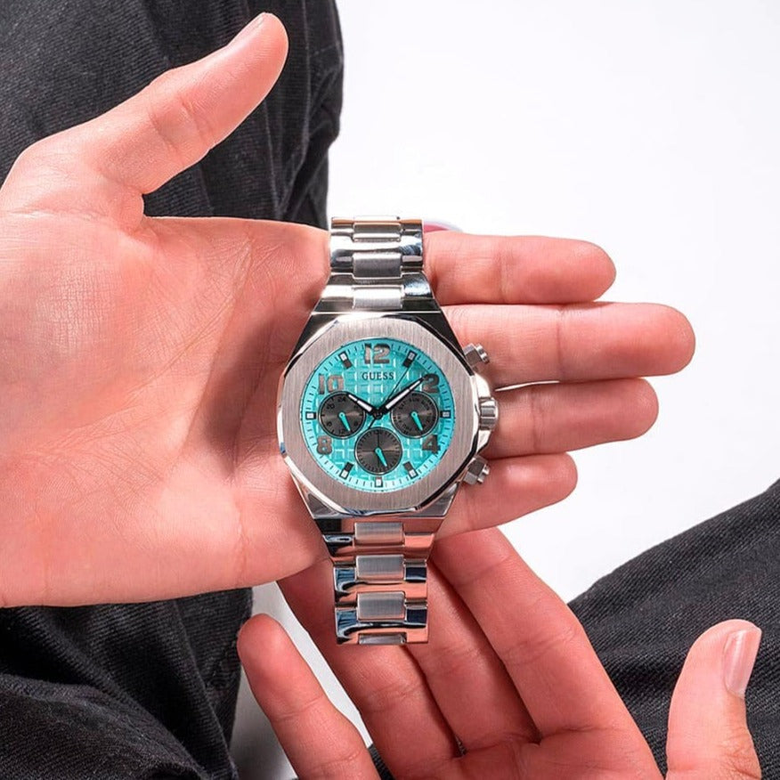  Shop Authentic Guess Empire Chronograph Quartz Sky Blue Dial Silver Steel Strap Watch For Men - GW0489G3 - Luxxuri