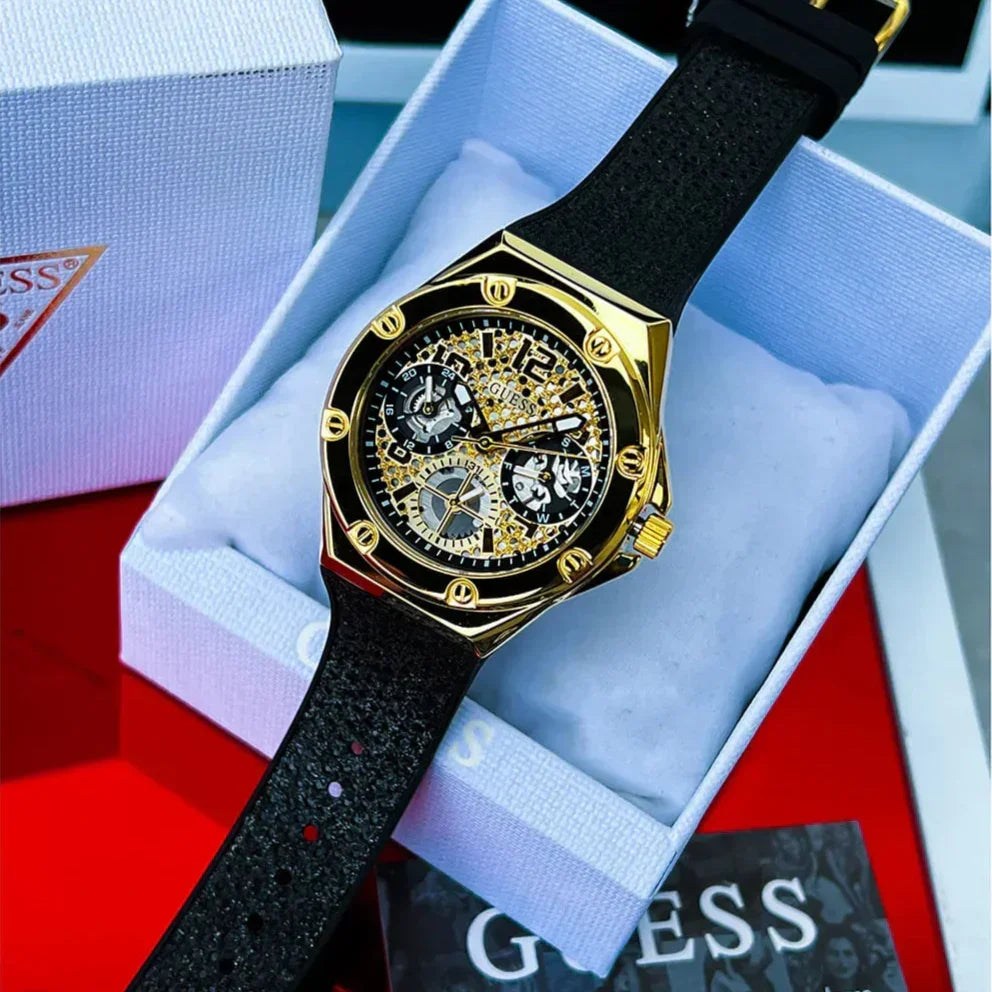  Shop Authentic Guess Asteria Multifunction Gold Dial Black Rubber Strap Watch For Women - GW0620L2 - Luxxuri